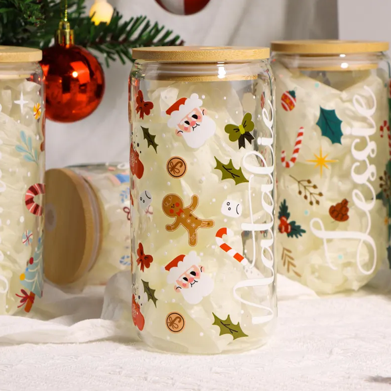 Personalized Christmas Tree Snack Glass Iced Coffee Cup with Lid