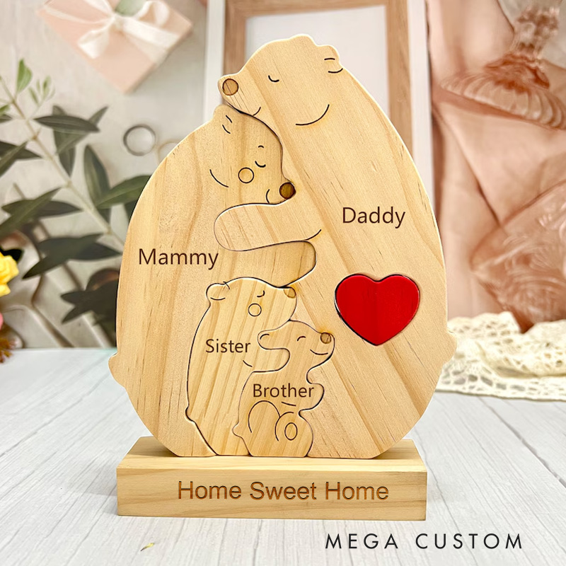 Personalized Wooden Bear Family Puzzle Wooden Bear With Heart Engraved Customizable Name Family Puzzle Family Keepsake Gift New Home Housewarming Gift