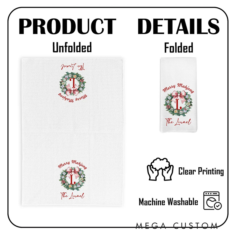 Personalized Bow Garland Christmas Tree Mahjong Waffle Kitchen Towel with Name Baking Tea Dish Towel Holiday Christmas Gift for Family Friend Baking Lover Gift