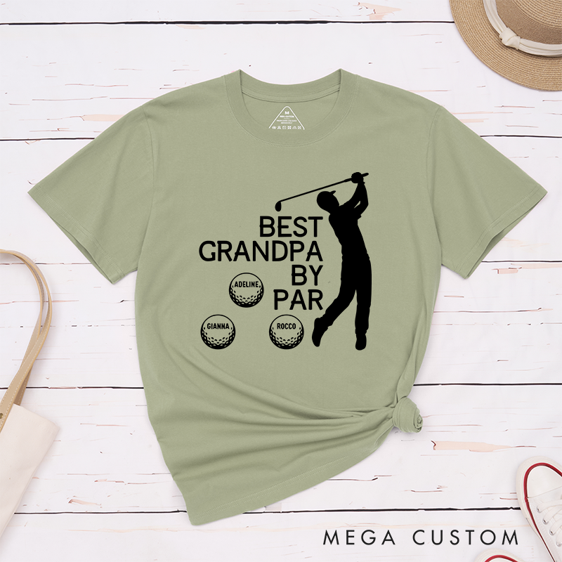 Personalized "Best Grandpa or Papa by Par" T-Shirt with Custom Grandkid Names, Perfect Gift for Golf-Loving Grandpas and Papas