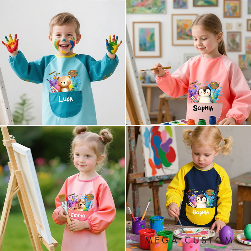 Personalized Cute Animal Kids Art Apron Long Sleeve Kid Apron with Name Painting Handcraft Activities Birthday Holiday Gift for Kids