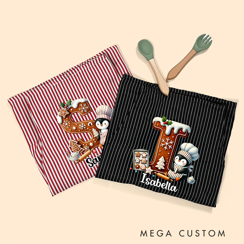 Personalized Christmas Penguin Biscuit Initial Kid Adult Baking Apron with Name and Front Pocket Birthday Christmas Gift for Kids Family