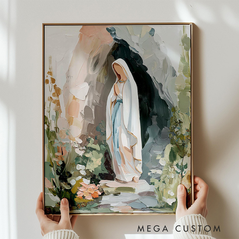 Personalized Our Lady of Lourdes Virgin Mary Catholic Modern Art Frameless Poster with Name Neutral Christian Wall Decor Gift for Her Blessed Mother
