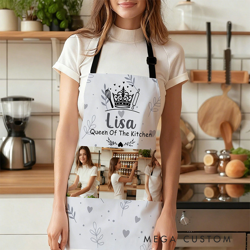 Personalized Crown Heart-Shaped Prints 3 Photos Waterproof Adjustable Apron with Name and Pockets Mother's Day Birthday Gift for Mom Grandma