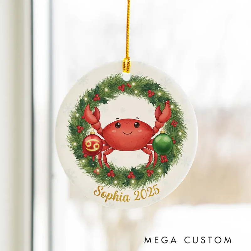 Personalized Cancer Christmas Ornament Ceramic Zodiac Crab Christmas Decoration Astrology Holiday Keepsake With Name Birthday Gift