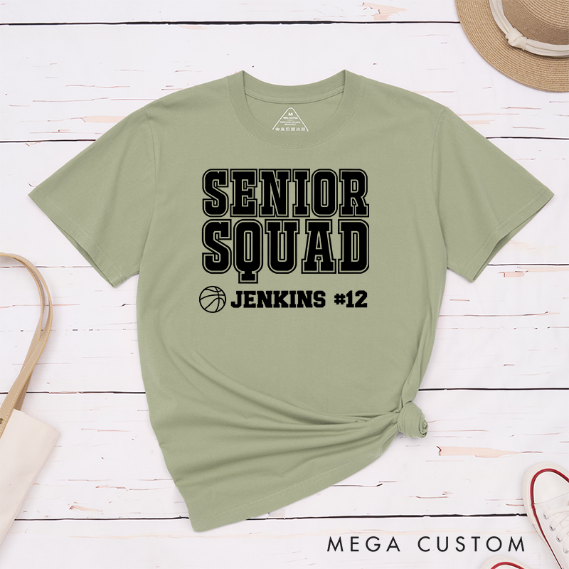 Personalized Senior Squad T-Shirt with Basketball Theme, Name and Number Customization
