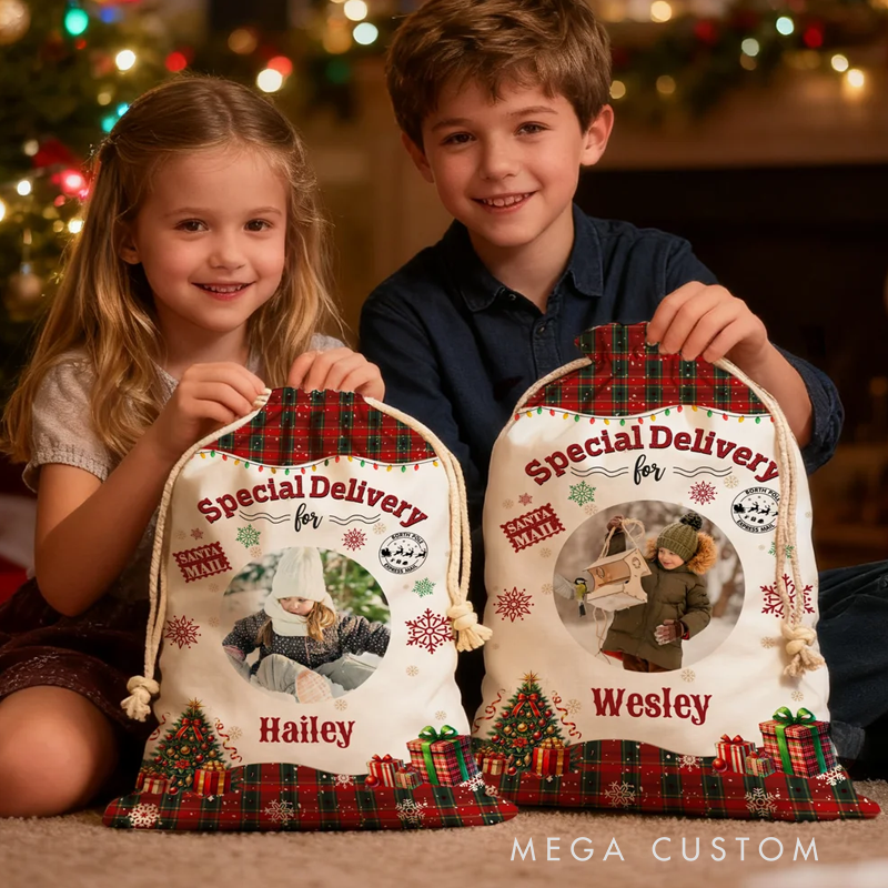 Personalized Christmas Tree Snowflake Checkered Christmas Gift Bag with Name and Photo Christmas Gift for Boys Girls