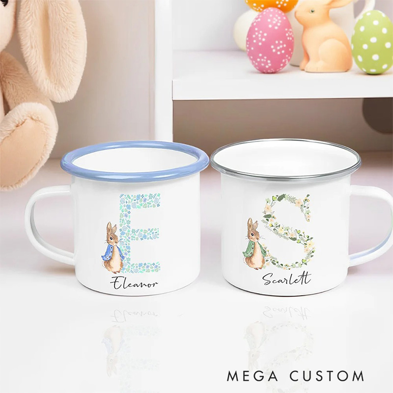 Personalized Flora Cute Rabbit Bunny Enamel Mug with Initial and Name Back to School Birthday Easter Gift for Kids