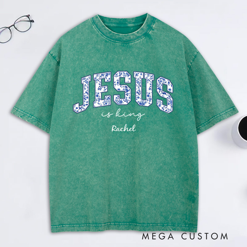 Personalized Jesus is King Toile Washed T-Shirt with Name Vintage Floral Christian Tee Religious Christian Gift