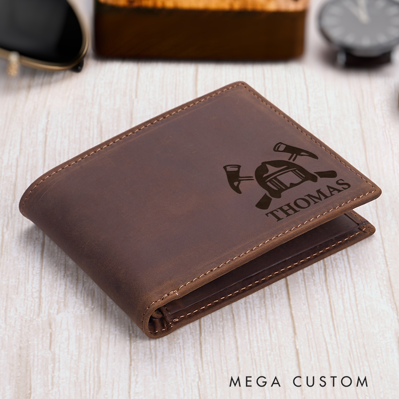 Personalized Firefighter Axe and Helmet Leather Wallet Firefighter wallet Oiled Leather wallet Fathers day gift for husband