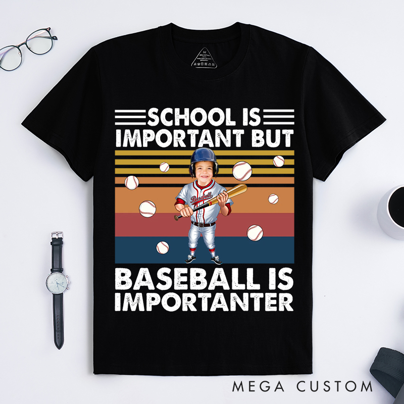 Personalized Baseball T-Shirt with "School Is Important But Baseball Is Importanter" Design with Your Photo