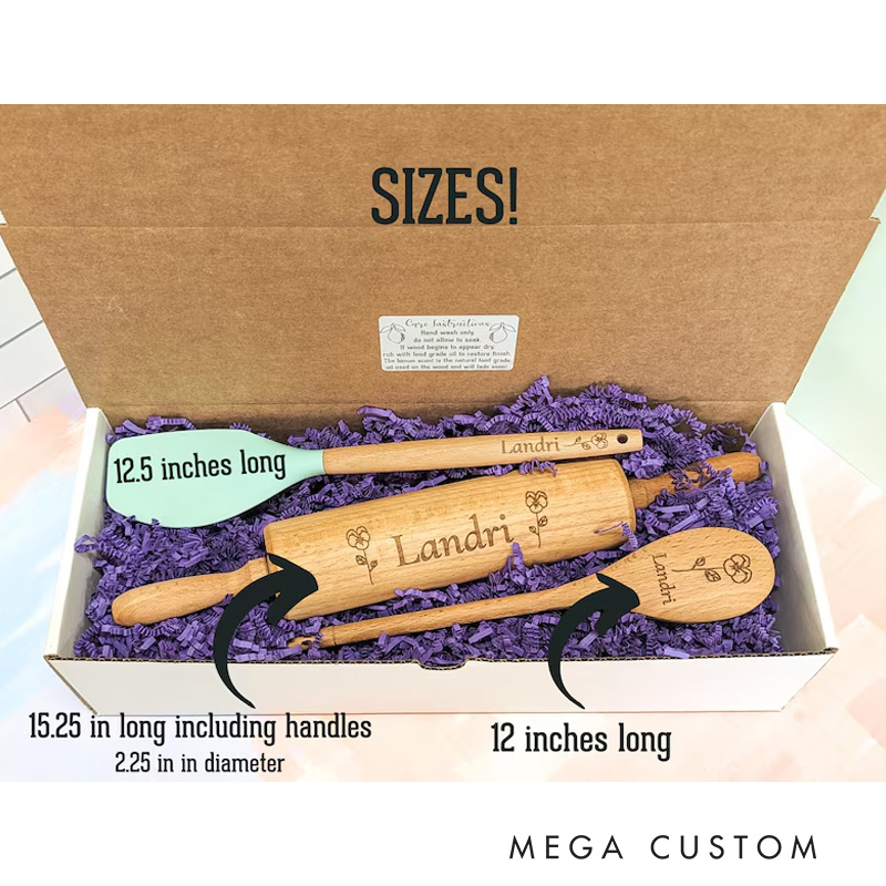 Personalized Rolling Pin and Spatula Baking Tools with Name Engraved Birth Month Flower Baking Gift Set Birthday Gift for Baker Baking Lover Gift