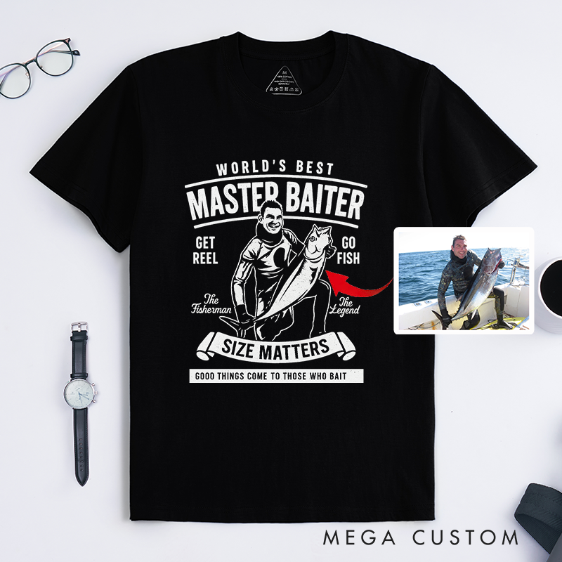 Funny Fishing T-Shirt World's Best Master Baiter Design Custom Photo T-Shirt Perfect Gift for Fishermen Humor Lovers and Outdoor Enthusiasts