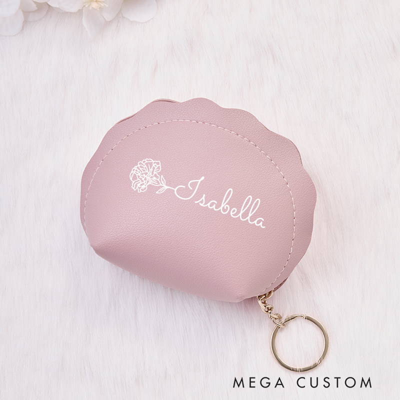 Personalized Leather Wallet for Girl Birth Flower Wallet for Her Shell Wallet Leather Wallet With Zipper Purse Wallet Cute wallet Unique Gift for Her Birthday Gifts