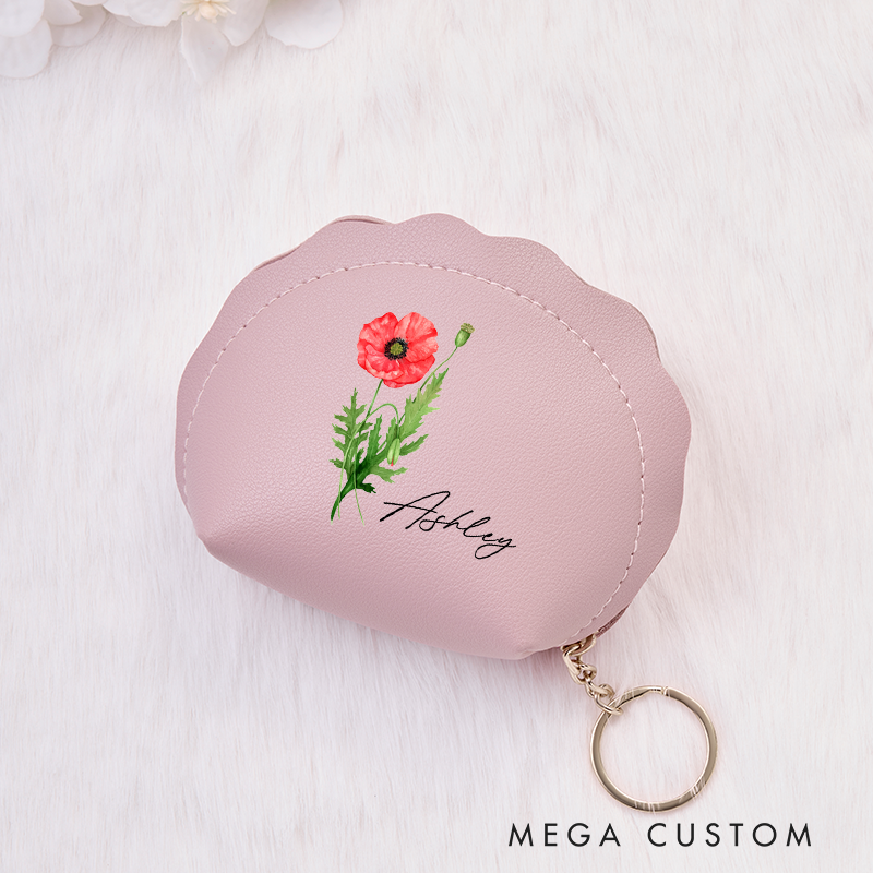 Personalized Leather Wallet for Girl Birth Flower Wallet for Her Leather Wallet With Zipper Purse Wallet Cute wallet Unique Gift for Her Birthday Gifts