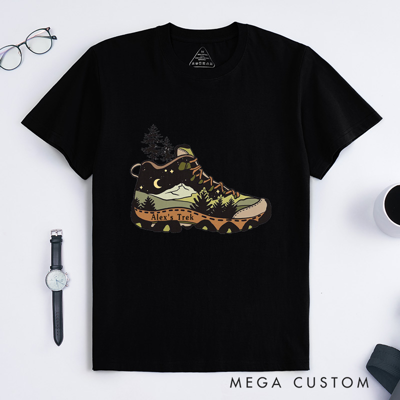 Personalized Hiking Boot T-Shirt Adventure Camping Mountain Backpacking T-Shirt for Nature Travelers Outdoors Lover Gift