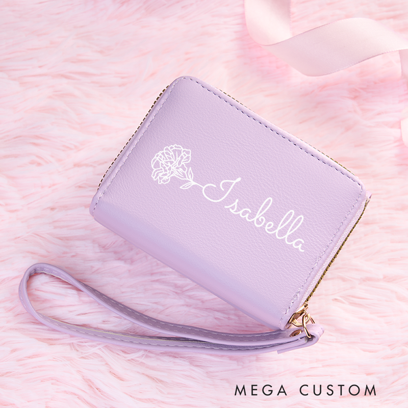 Personalized Leather Wristlet Wallet for Girl Birth Flower Wallet for Her Bow wallet Purse Wallet Cute wallet Women's Purse Unique Gift for Her Birthday Gifts