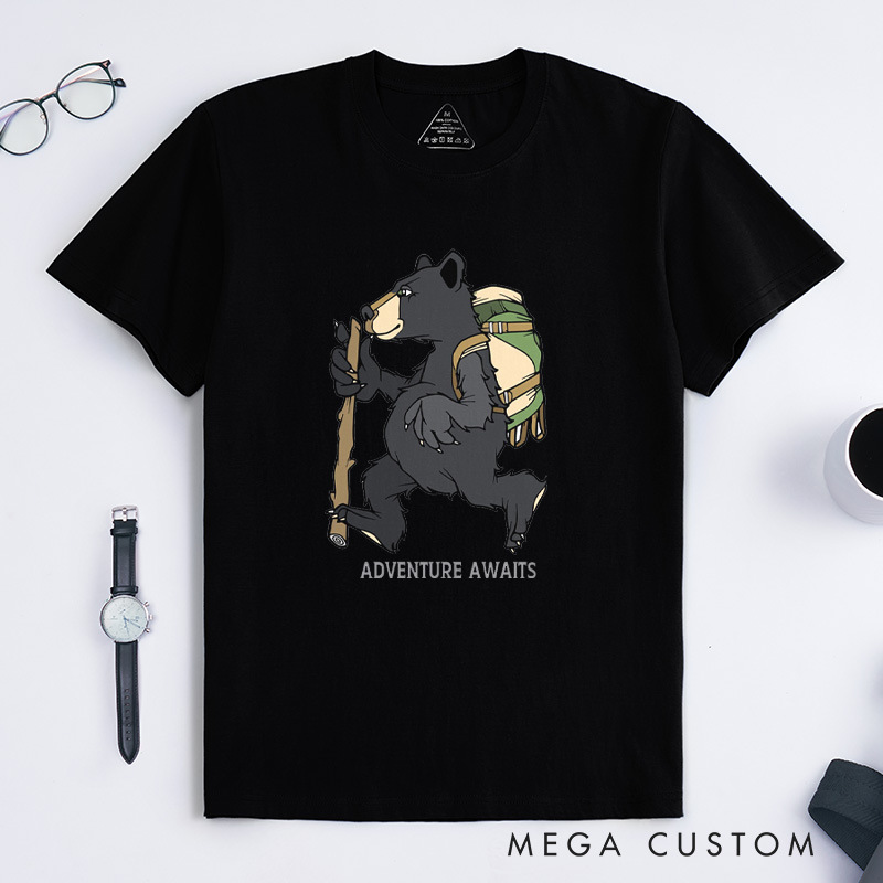 Personalized Backpacking Bear T-Shirt Walking Black Bear With Green Backpack Camping Adventure Mountain T-Shirt for Nature Travelers Outdoors Lover Gift