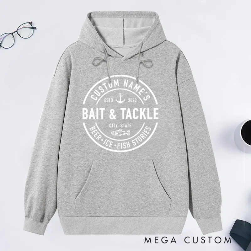 Personalized  Bait and Tackle Fishing Hoodie Boat Fishing Hoodie Custom Name Time and Place Design Perfect Gift for Fishing Enthusiasts