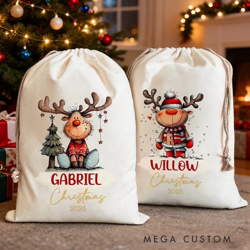 Personalized Cute Cartoon Elk Design Christmas Drawstring Gift Bag with Name Christmas Gift for Kids Family