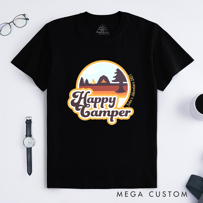 Personalized Happy Camper T-Shirt Hiking Camping Adventure T-Shirt for Nature Travelers Outdoors Lover Gift