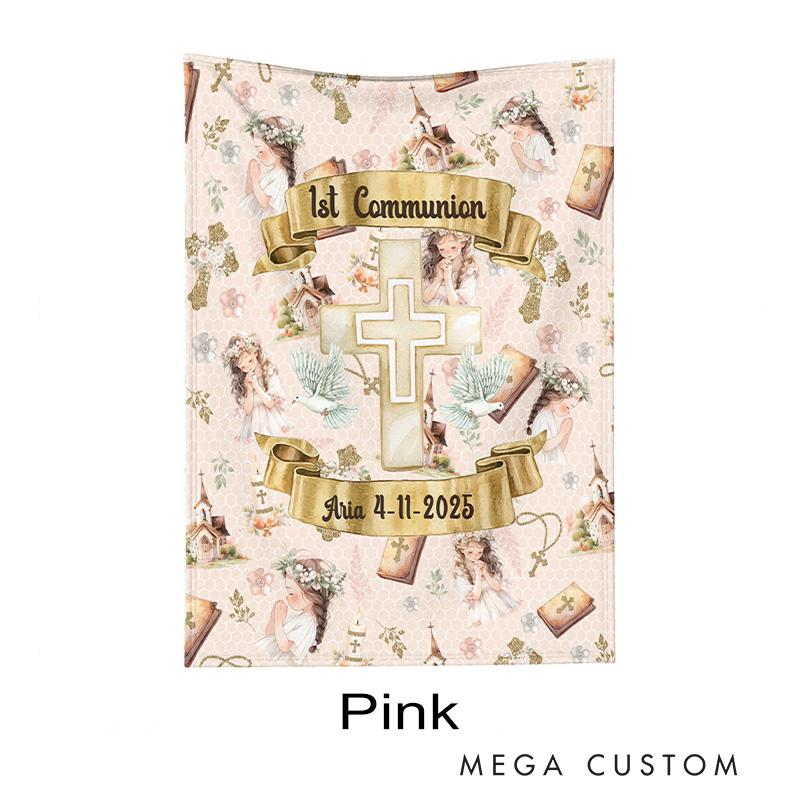 Personalized First Communion Cross Soft Throw Blanket with Name and Date Birthday Baptism Religious Gift for Boys Girls