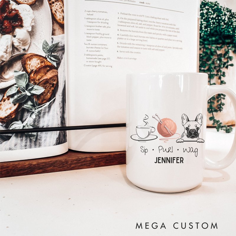 Personalized Coffee Frenchie Knitting Mug Ceramic 15oz Birthday Knitting Gift For Her Knitting Coffee Mug Gift For Knitter Dog Lover