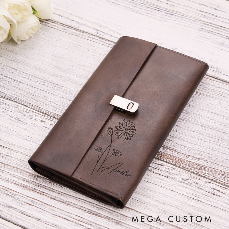 Personalized Birth Flower Leather Wallet Engraved Women Leather Wallet Leather Gift for Her Unique Gift for Her Birthday Gifts