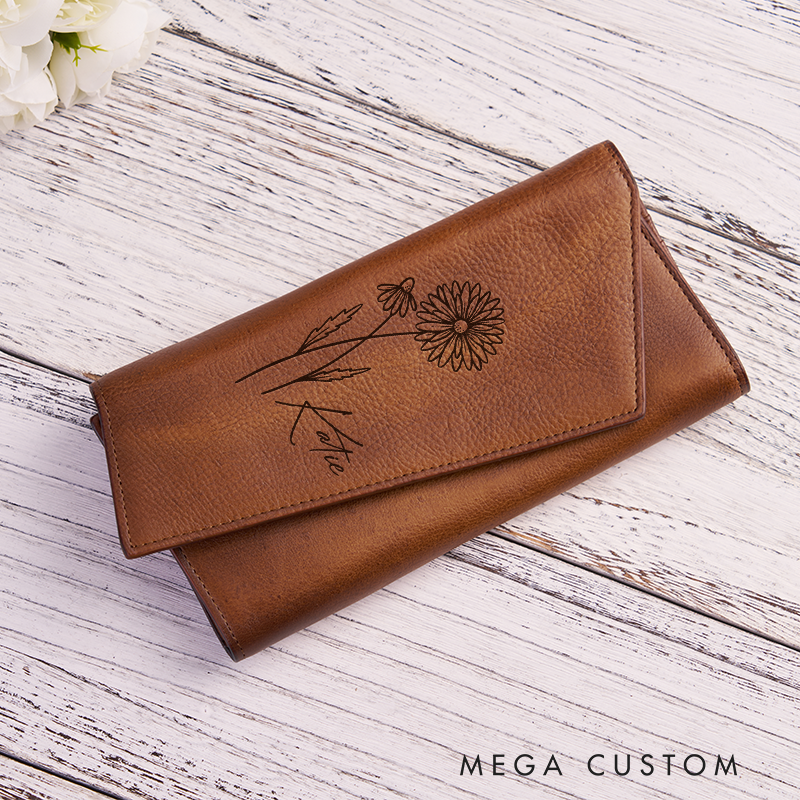 Personalized Leather Wallet For Her Birth Flower Wallet with Name Engraved Wallet For Women Leather Purse Birthday Gift For Her Gift For Mother Bridesmaid Gift Christmas Gift