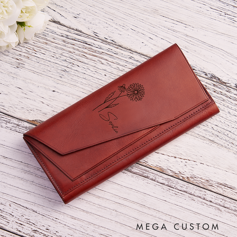 Personalized Women Leather Wallet Birth Flower Women Wallet Engraved Leather Wallet Leather Purse Birth Flower Monogram Wallet Women's Purse Gift For Her Gift For Mother Birthday Gift