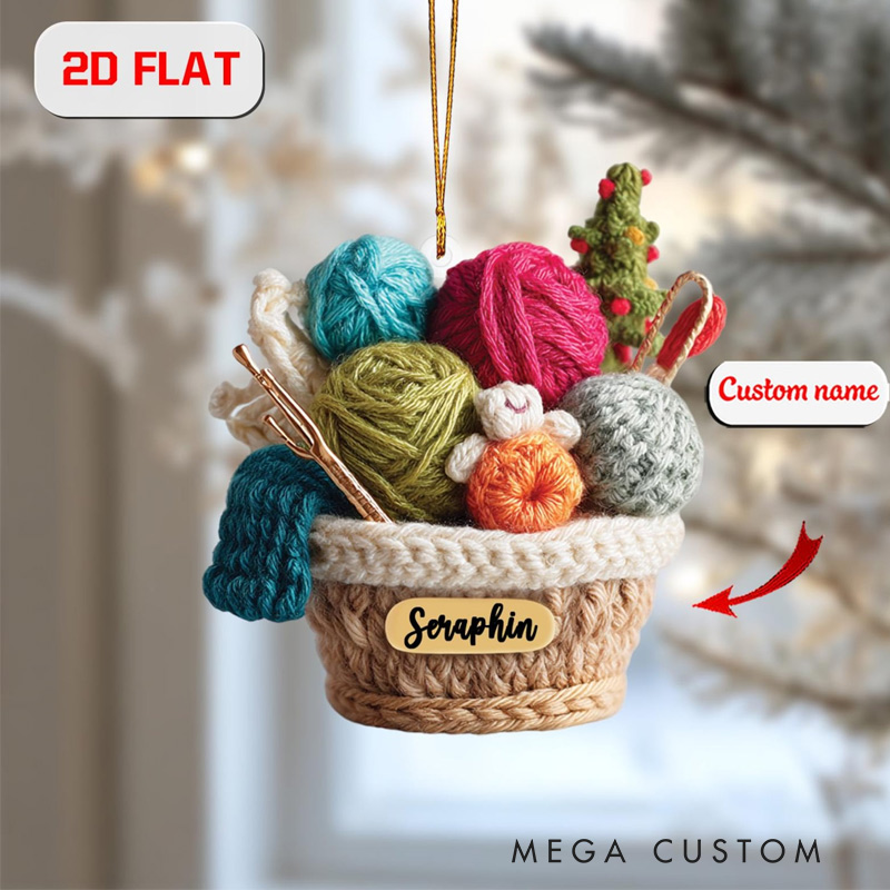Personalized Knitting Basket Christmas Ornament Acrylic Yarn Decor Holiday Gift for Knitting Lovers
