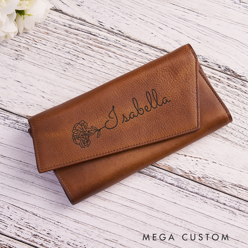 Personalized Leather Wallet for Women Birth Flower Leather Wallet Engraved Leather Wallet with Name Women Slim Wallet Clutch Purse Unique Gift for Her Birthday Gifts