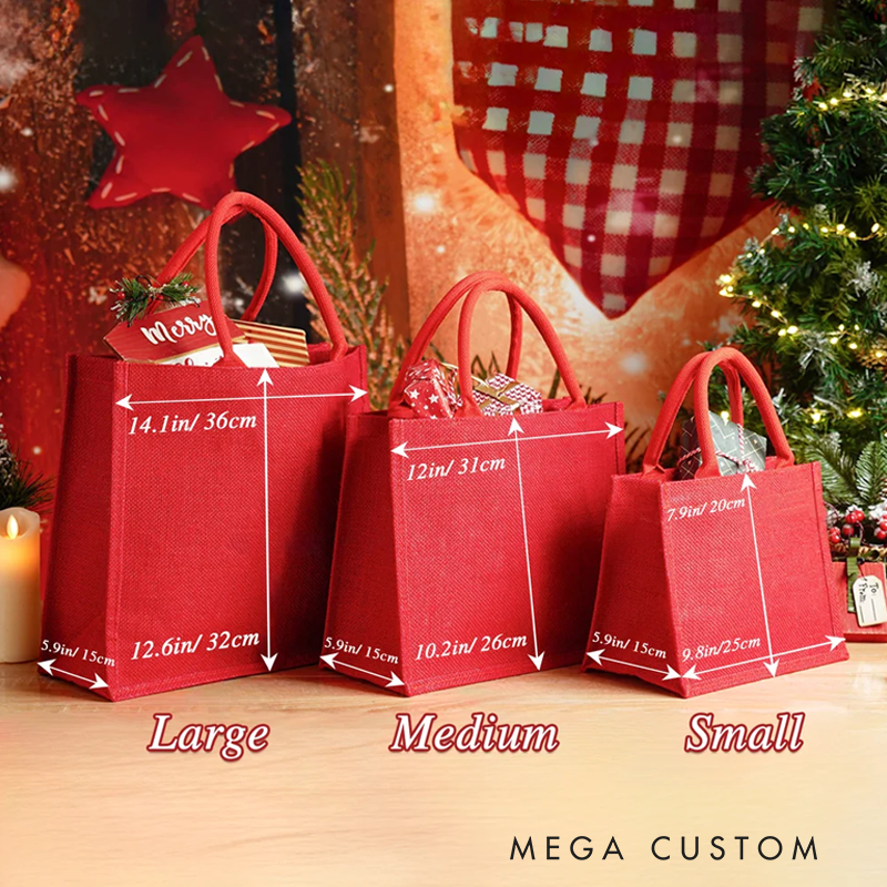 Personalized Stitching Style Initial Large Capacity Red Jute Tote Bag with Name Christmas Party Gift for Kids Women