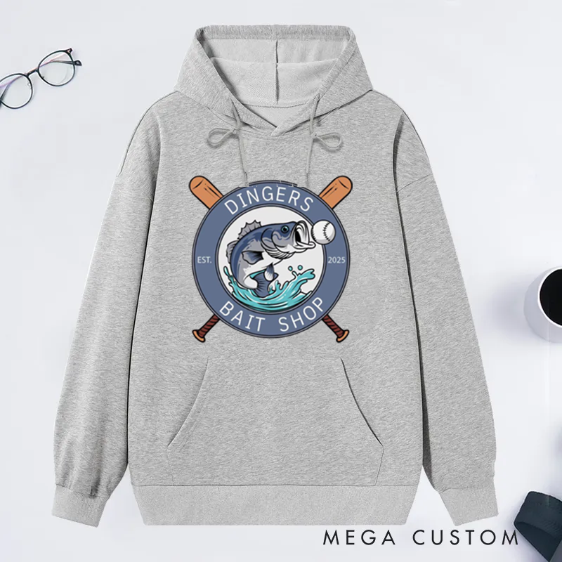 Personalized Dingers Bait Shop Hoodie Funny Fishing Sweatshirt Boys Baseball Gifts Unique Fish and Baseball Design Perfect Gift for Fishing Enthusiasts