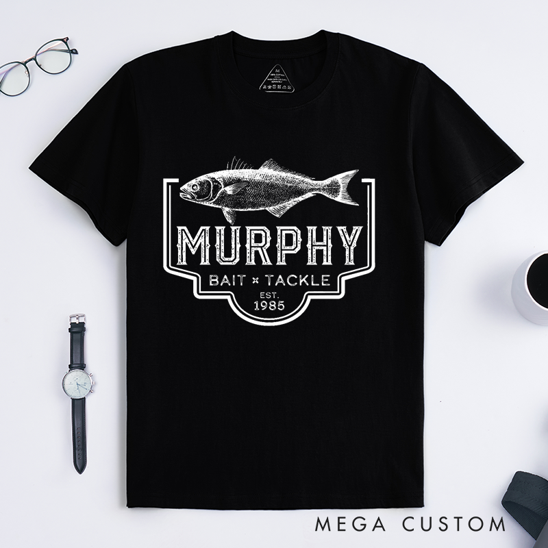 Personalized Murphy Bait and Tackle Fishing T-Shirt Custom Bass Fishing T-Shirt Classic Fish Design Perfect for Fishing Trips Outdoor Adventures and Casual Wear