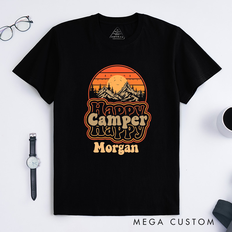 Personalized Happy Camper Retro Mountain SunseT-Shirt Camping Adventure Shirt for Nature Travelers Outdoors Lover Gift