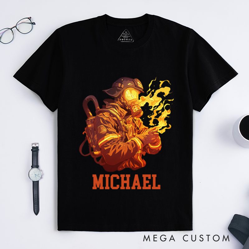 Personalized Firefighter T-Shirts Custom Firefighter Flames Graphic Design T-Shirt Firefighter Dad Gift