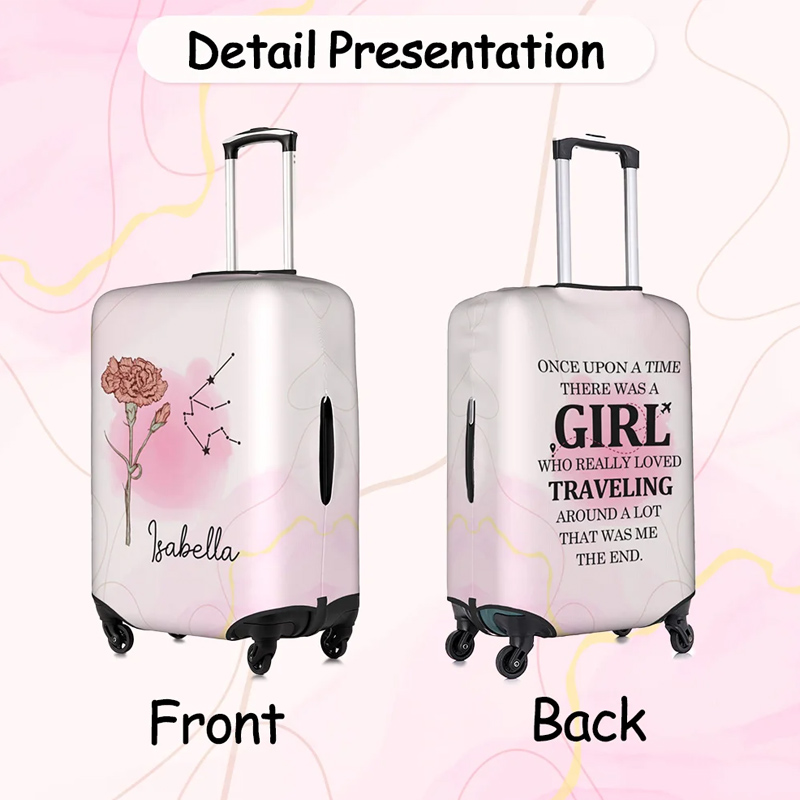 Personalized A Girl Who Really Loved Traveling Birth Flower Constellation Luggage Cover Fits 18-32 Inches Suitcase Birthday Gift for Her
