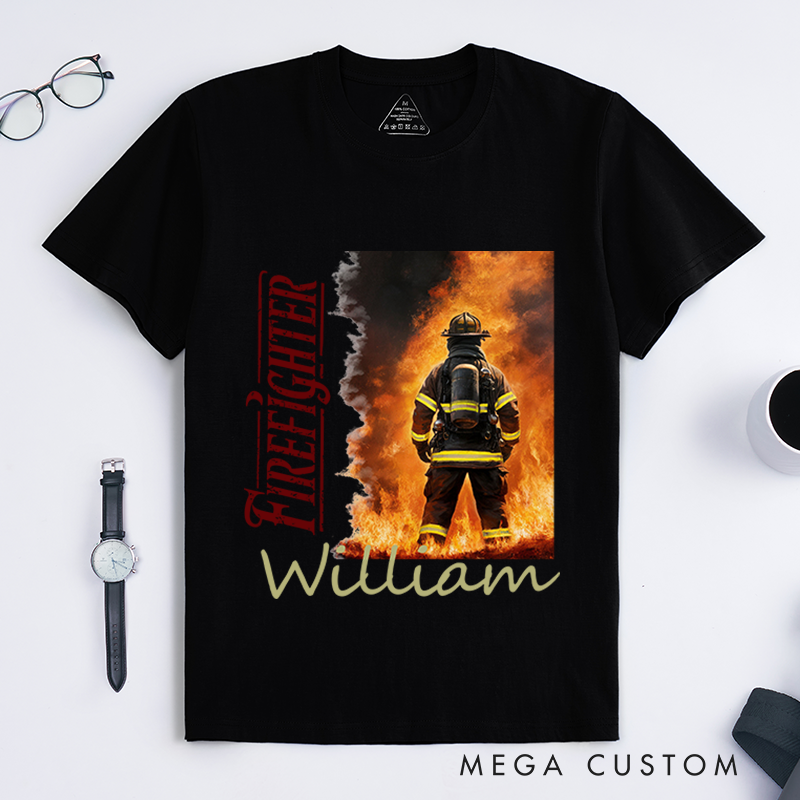 Personalized Heroic Firefighter and Flames Illustration Design Gift for Firefighter T-Shirt