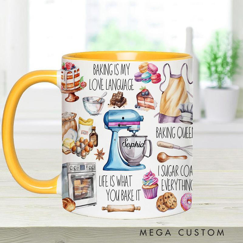 Personalized Baking Is My Love Language Mug 11oz Ceramic Baking Accent Mug with Name Coffee Cup for Baker Mom Sister Daughter Baking Lover Gift