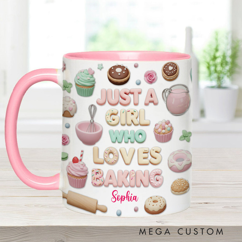 Personalized Just A Girl Who Loves Baking Mug 11oz Ceramic Baking Accent Mug with Name Coffee Cup for Baker Mom Sister Daughter Baking Lover Gift