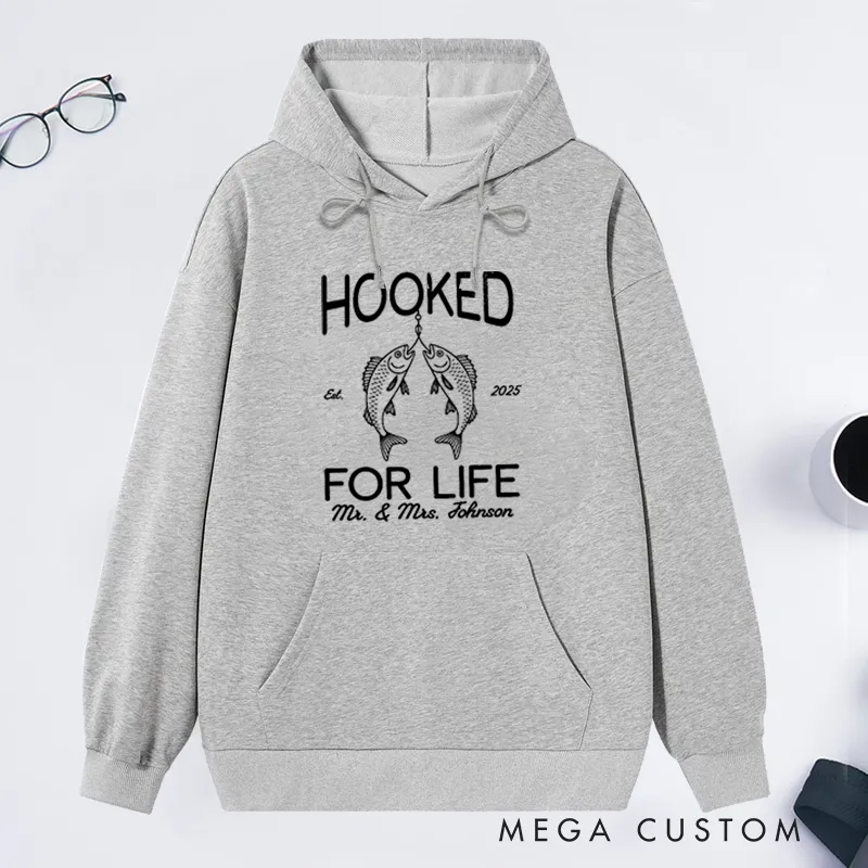 Personalized Fishing Hoodie Hooked for Life Sweatshirt Custom Names and Time Cozy Sweatshirt for Couples and Fishing Lovers