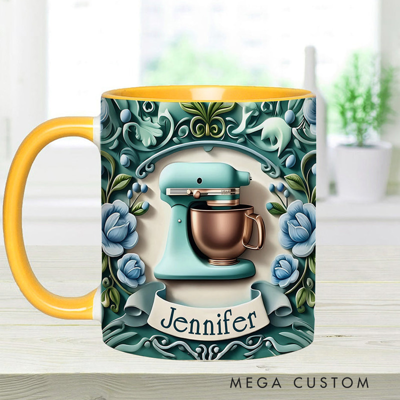 Personalized Baking Mixer Mug 11oz Ceramic Baking Accent Mug with Name Floral Coffee Cup for Baker Mom Sister Daughter Baking Lover Gift