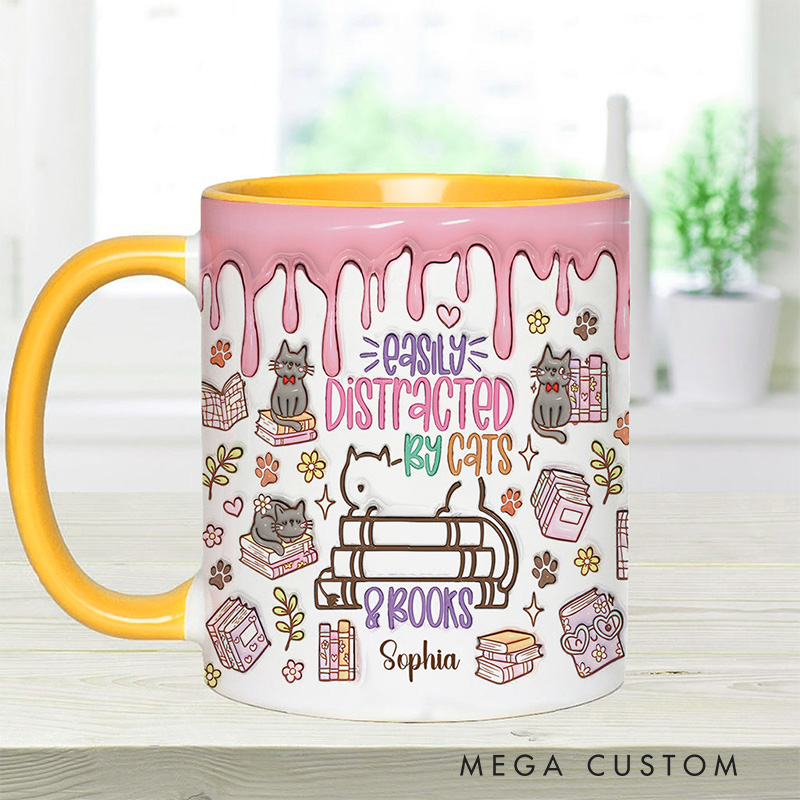 Personalized Easily Distracted By Cats and Books Mugs Custom Book Accent Mug with Name Fall Bookworm Coffee Mug for Reader Book Lover Librarian Gift