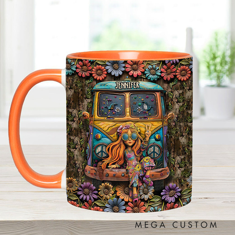 Personalized Hippie Accent Mug Hippie Lover Gifts for Girls Travel Cup Colorful Hippie Car Hippie Coffee Mug Bohemian Coffee Mug Peace Love Cup