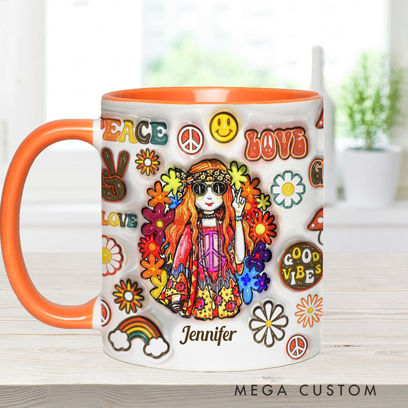 Personalized Name Hippie Accent Mug Hippie Girl Hippie Soul Peace Love Mug for Music Lover Gift