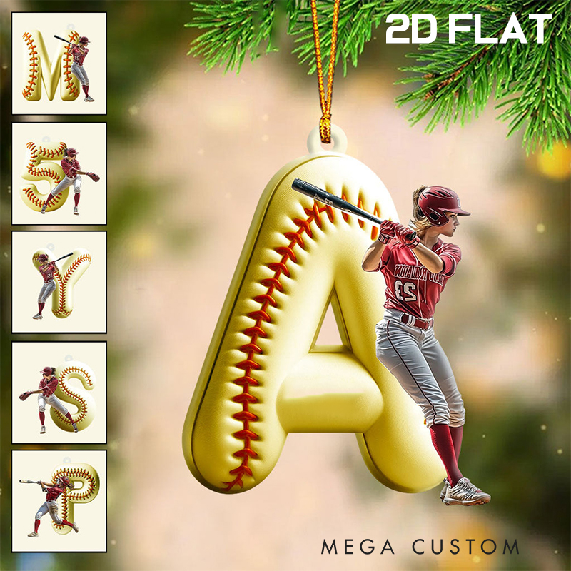 Personalized Softball Acrylic Christmas Ornament with Custom Initial and Name Design 