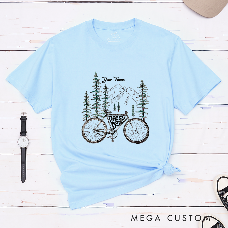 Personalized Bicycle T-Shirt with Scenic Mountain and Forest Elements for Outdoor Adventures Riding Cycling Biking Enthusiasts