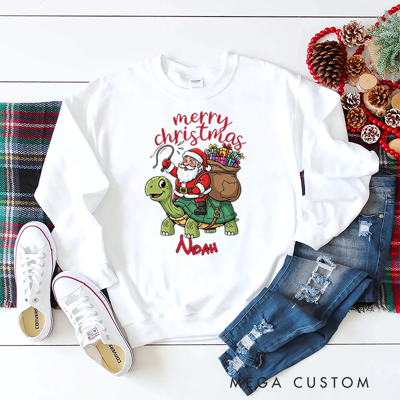 Personalized Kids Sweatshirt and Holiday Pullover Featuring Santa and Turtle Design for a Cheerful Christmas Atmosphere