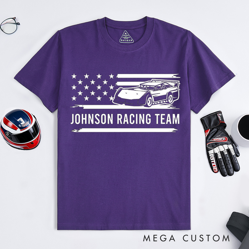 Personalized Racing Team T-Shirt Custom Text Vintage USA Flag Race Car Design for Racers and Racing Lovers